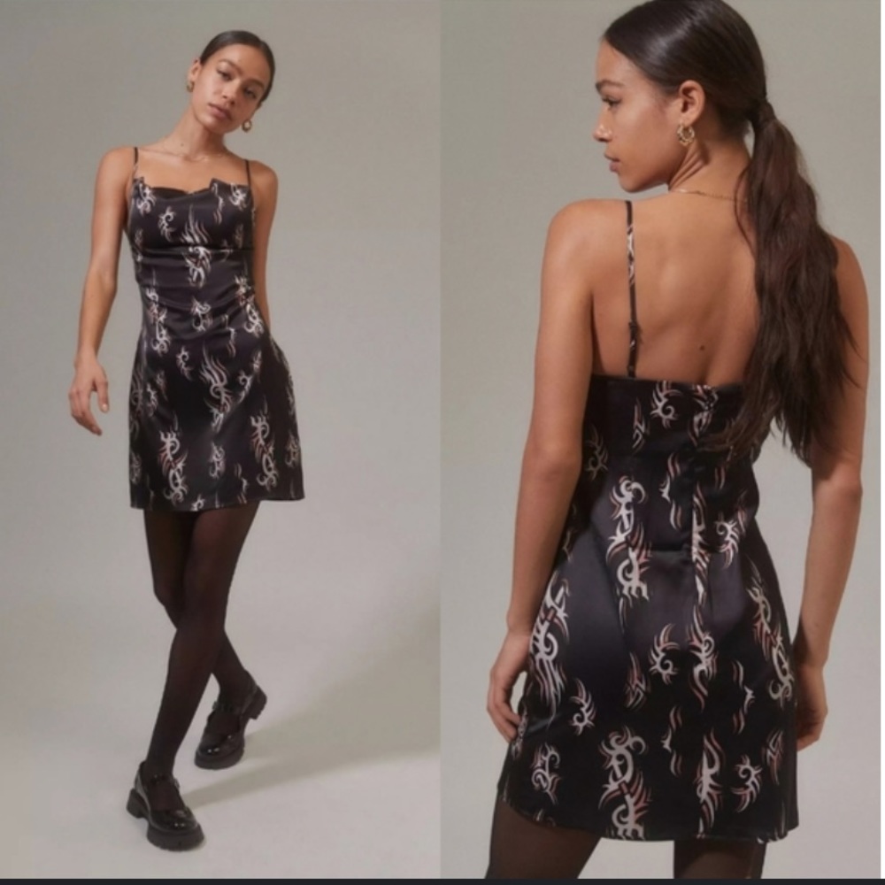 Urban outfitters fitted silk pattern mini dress with slight cowl neck